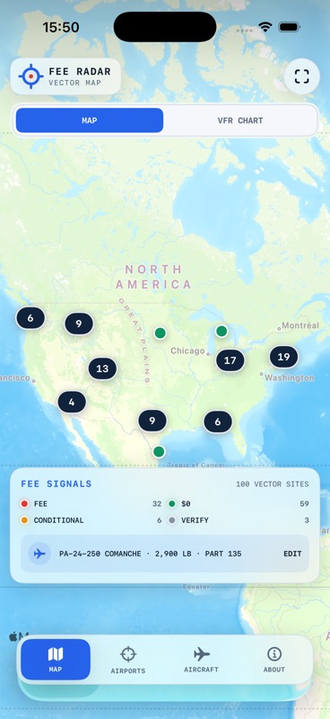 Fee Radar airport fee map on iPhone